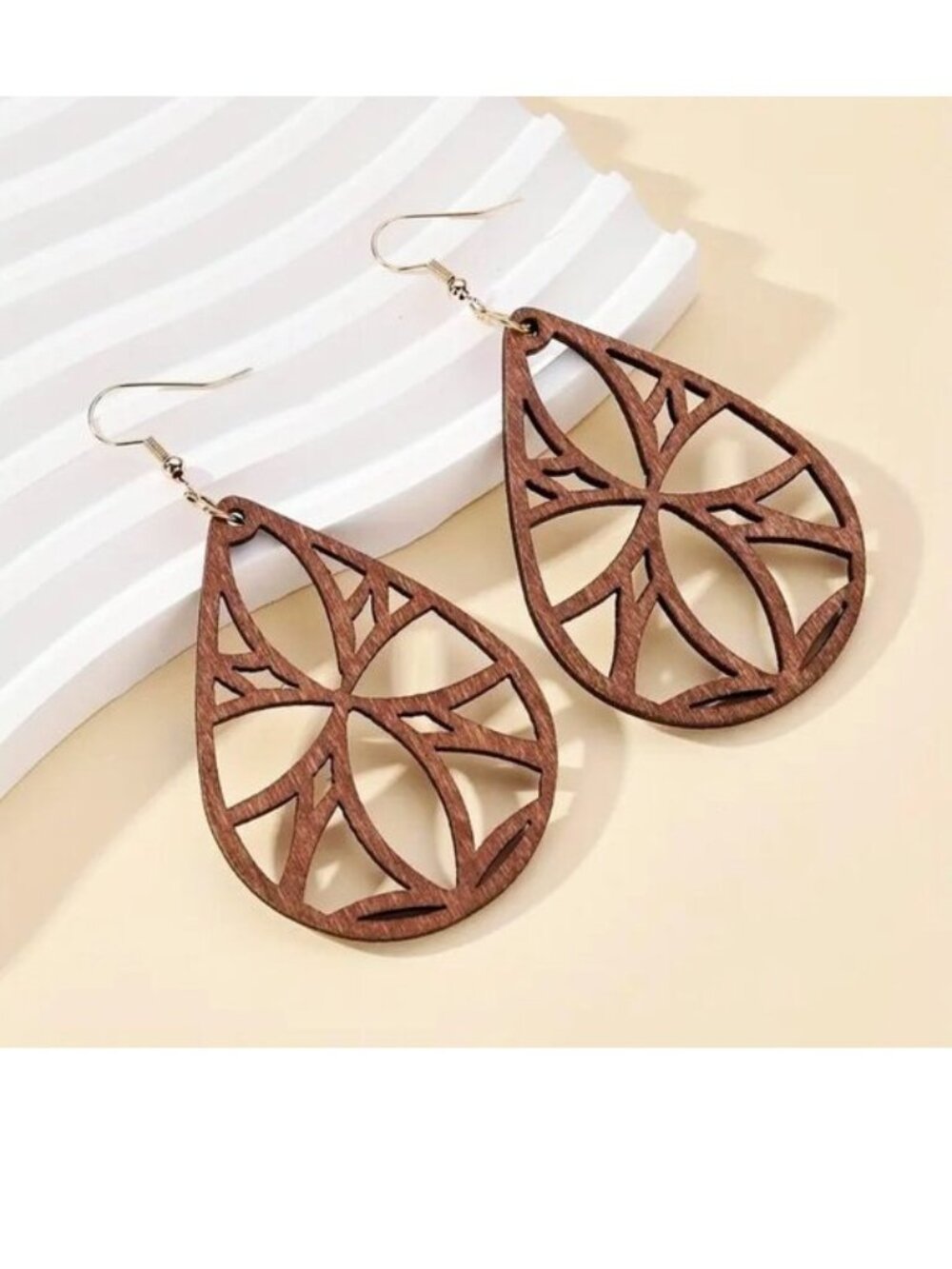 Ornate Earrings Wood Large Hollow Cut Bohemian Dangle Boho Carved Trendy Brown